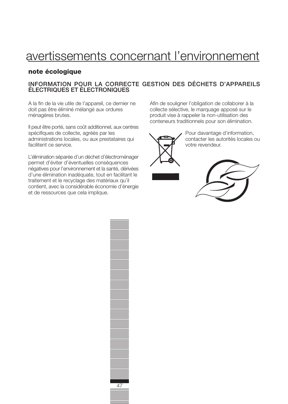 Avertissements concernant l’environnement | DE DIETRICH DLZ614JE1 User Manual | Page 47 / 92