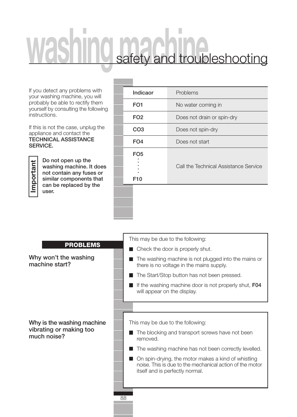 Washing machine, Safety and troubleshooting | DE DIETRICH DLZ614JE1 User Manual | Page 88 / 92