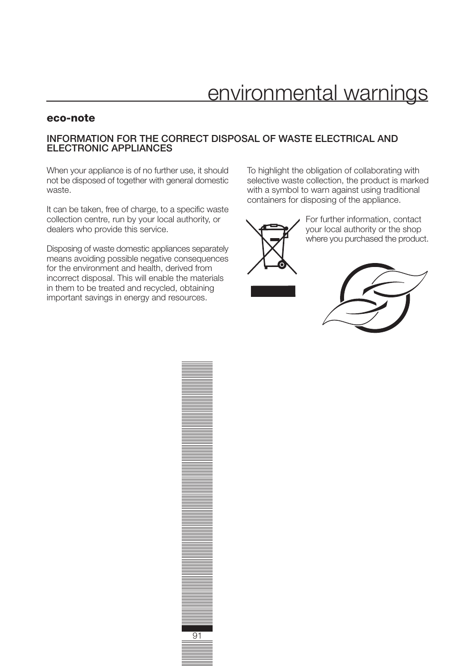 Environmental warnings | DE DIETRICH DLZ614JE1 User Manual | Page 91 / 92