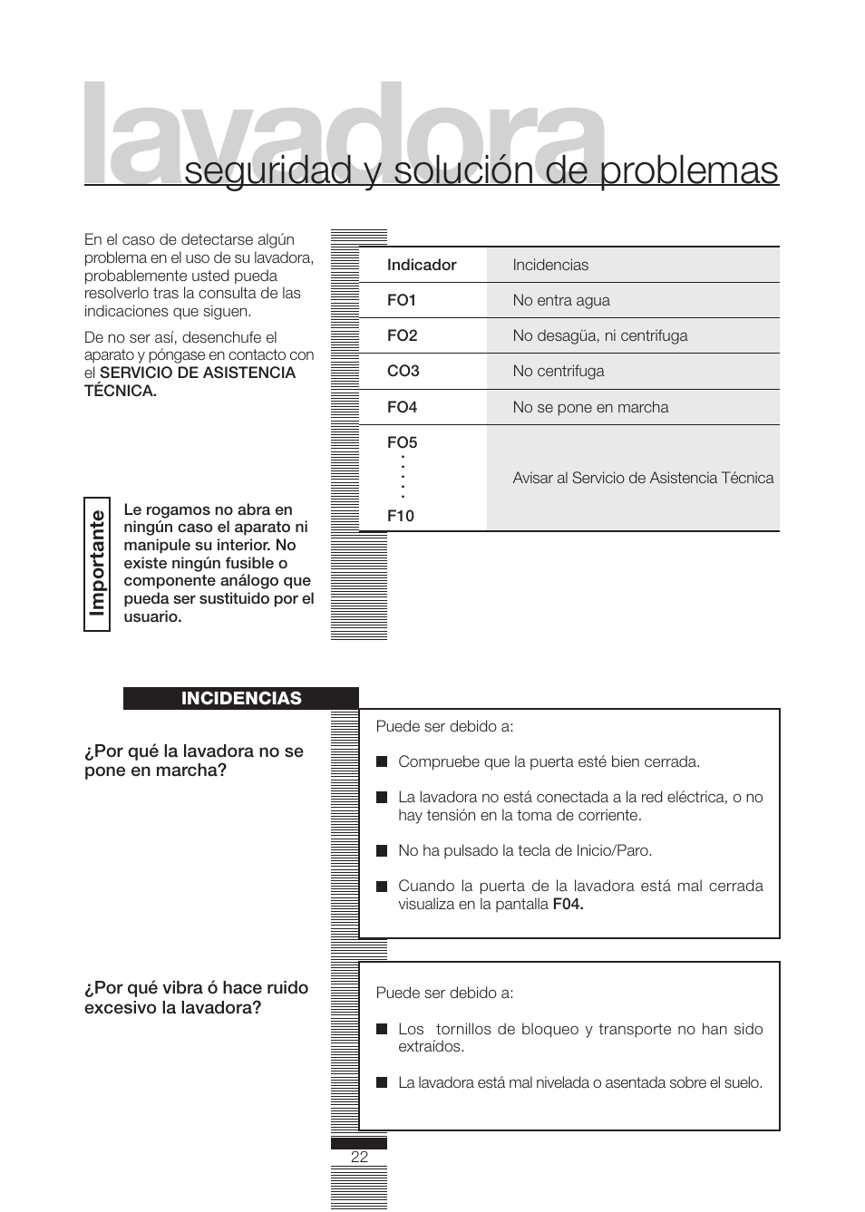 Lavadora, Seguridad y solución de problemas | DE DIETRICH DLZ692JE1 User Manual | Page 22 / 92