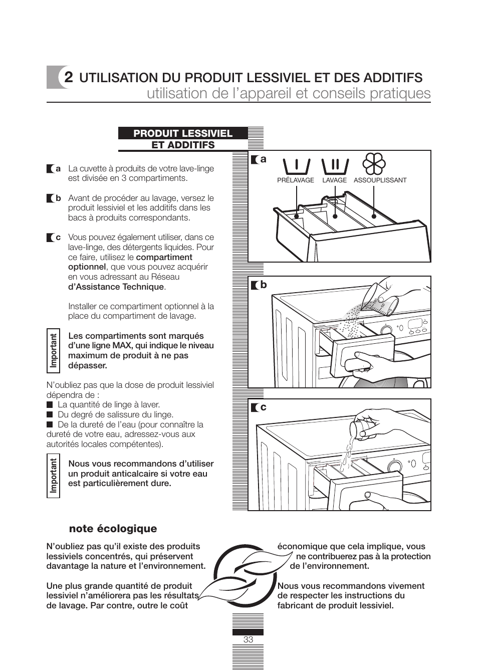 Utilisation de l’appareil et conseils pratiques, Utilisation du produit lessiviel et des additifs | DE DIETRICH DLZ692JE1 User Manual | Page 33 / 92