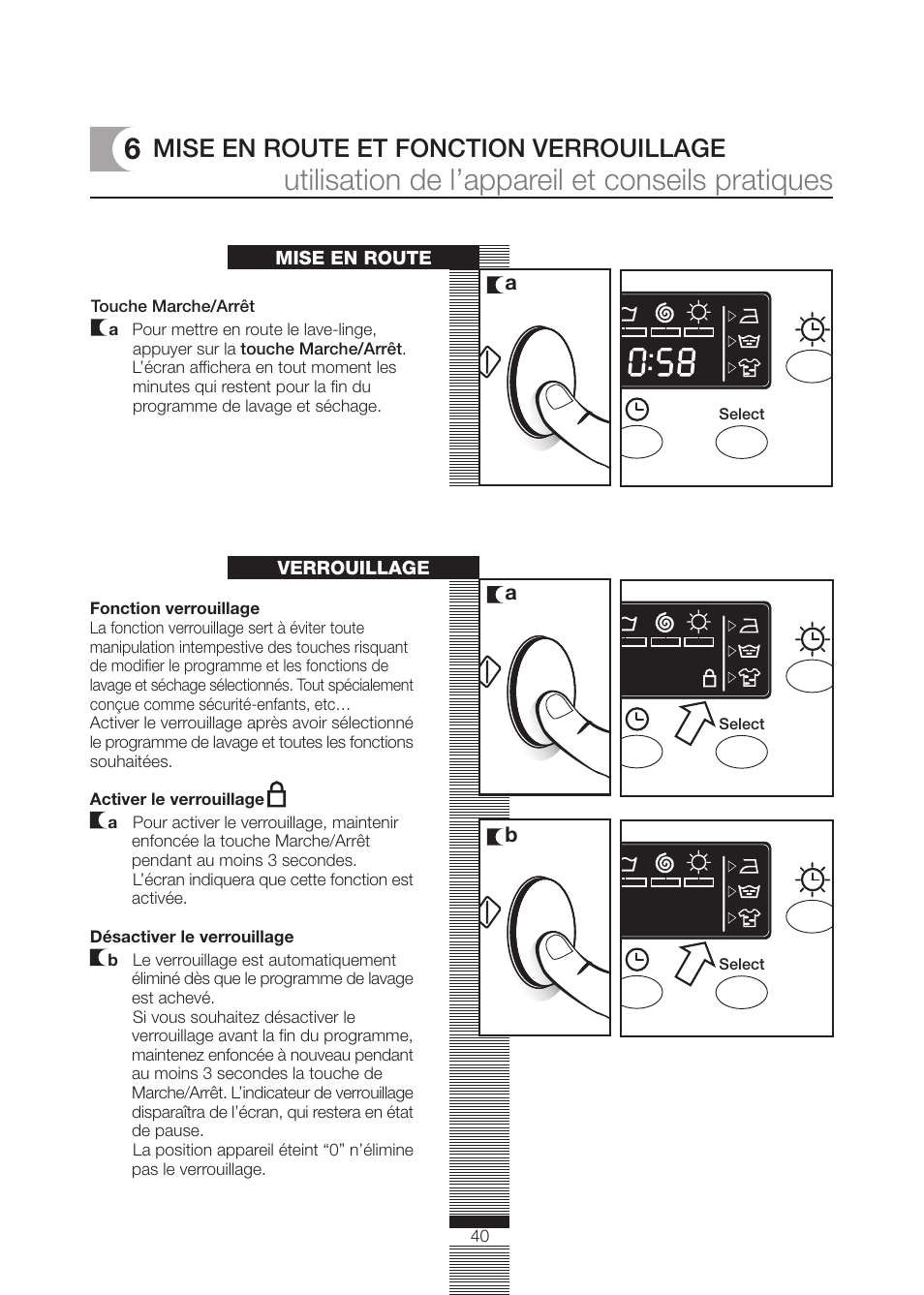 Utilisation de l’appareil et conseils pratiques, Mise en route et fonction verrouillage | DE DIETRICH DLZ692JE1 User Manual | Page 40 / 92