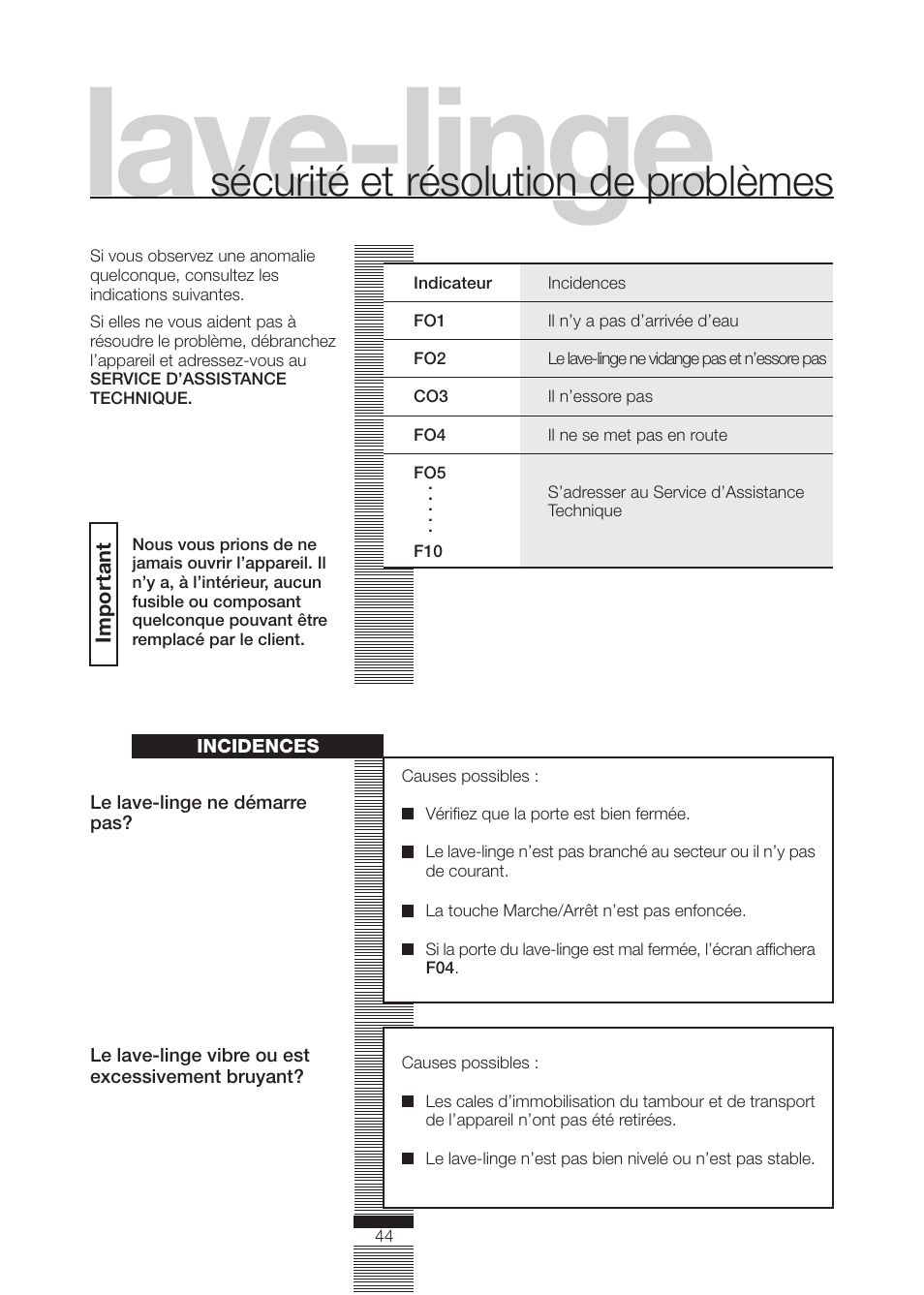 Lave-linge, Sécurité et résolution de problèmes | DE DIETRICH DLZ692JE1 User Manual | Page 44 / 92