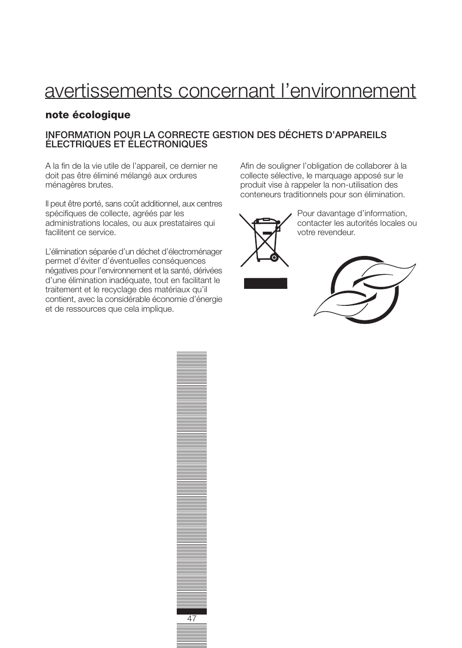 Avertissements concernant l’environnement | DE DIETRICH DLZ692JE1 User Manual | Page 47 / 92