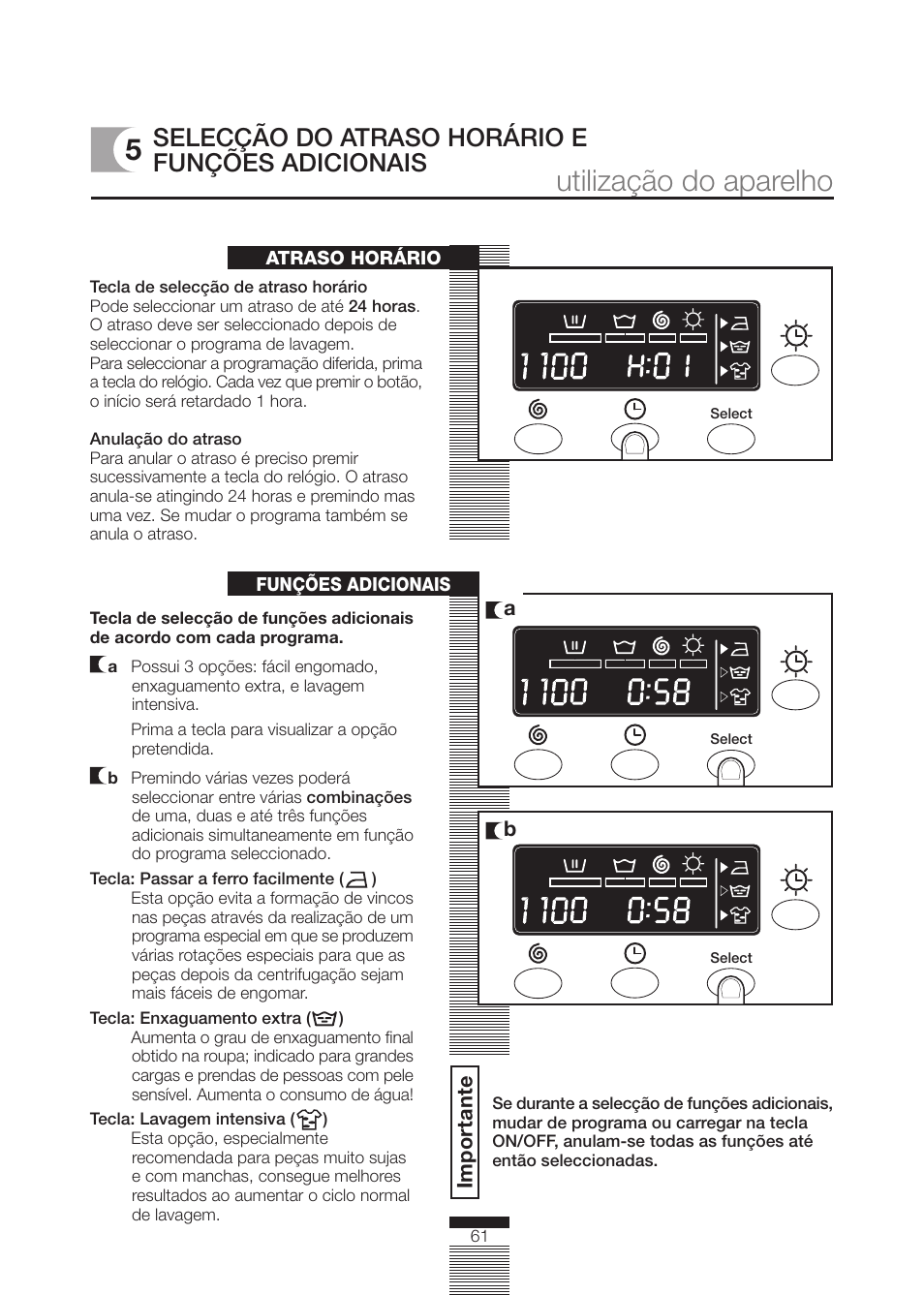 Utilização do aparelho 5, Selecção do atraso horário e funções adicionais | DE DIETRICH DLZ692JE1 User Manual | Page 61 / 92