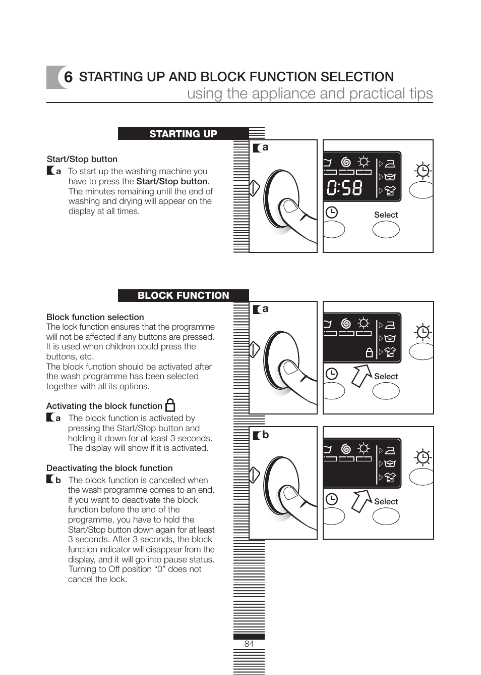 Using the appliance and practical tips, Starting up and block function selection | DE DIETRICH DLZ692JE1 User Manual | Page 84 / 92