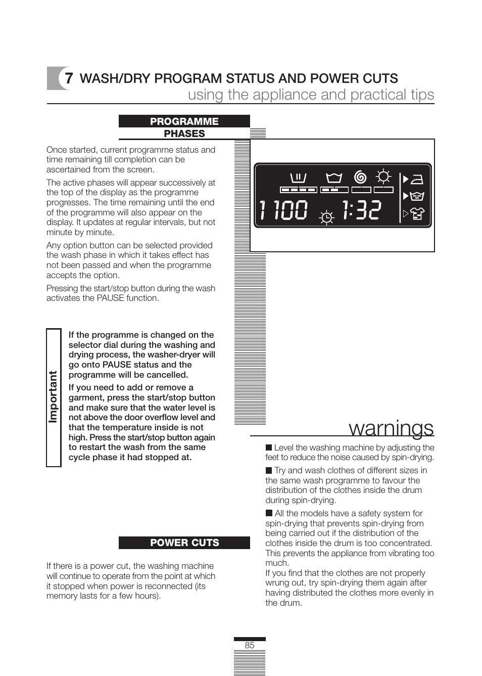 Warnings, Using the appliance and practical tips, Wash/dry program status and power cuts | DE DIETRICH DLZ692JE1 User Manual | Page 85 / 92