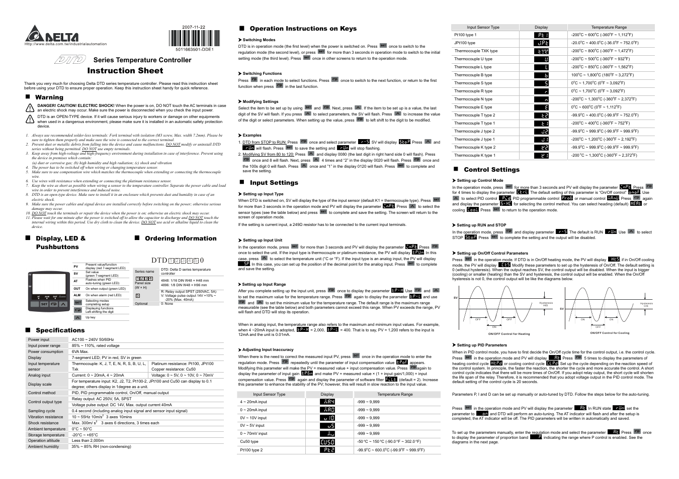 Delta Electronics Series Temperature Controller DTD Series User Manual | 2 pages