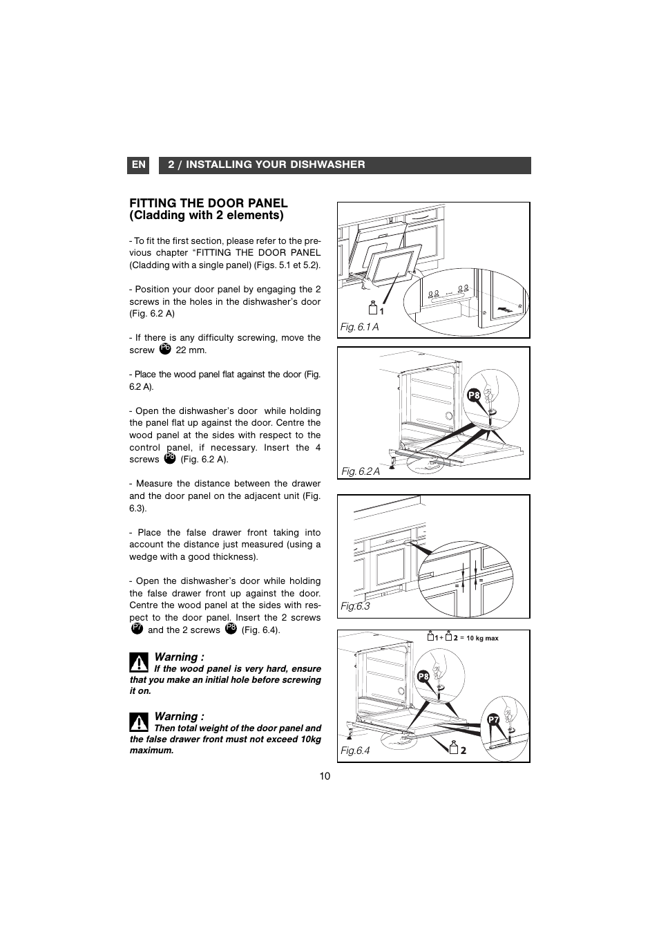 Fitting the door panel (cladding with 2 elements) | DE DIETRICH DVH1150 User Manual | Page 10 / 12