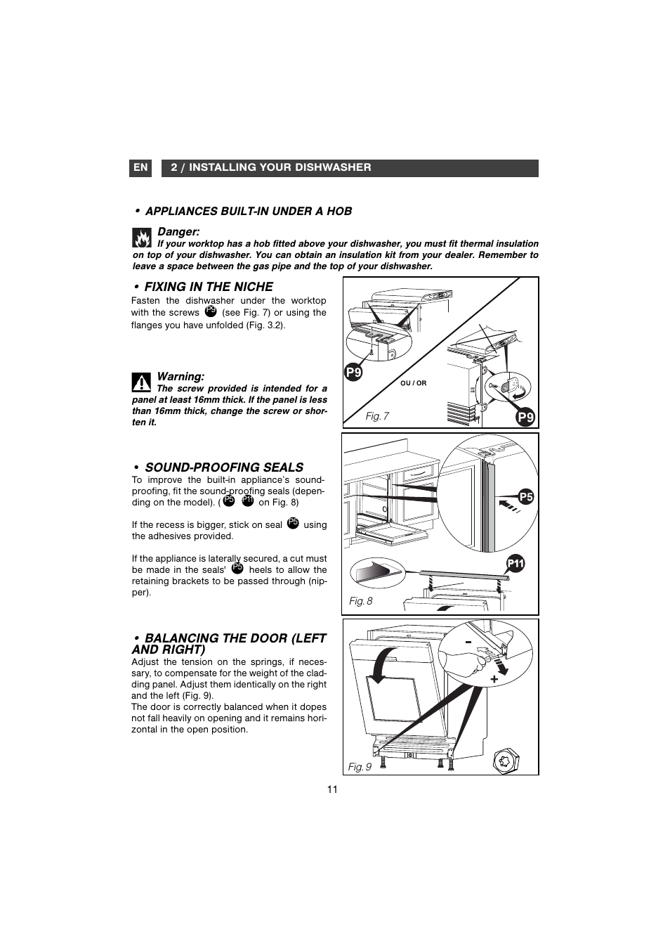 Sound-proofing seals, Fixing in the niche, Balancing the door (left and right) | DE DIETRICH DVH1150 User Manual | Page 11 / 12