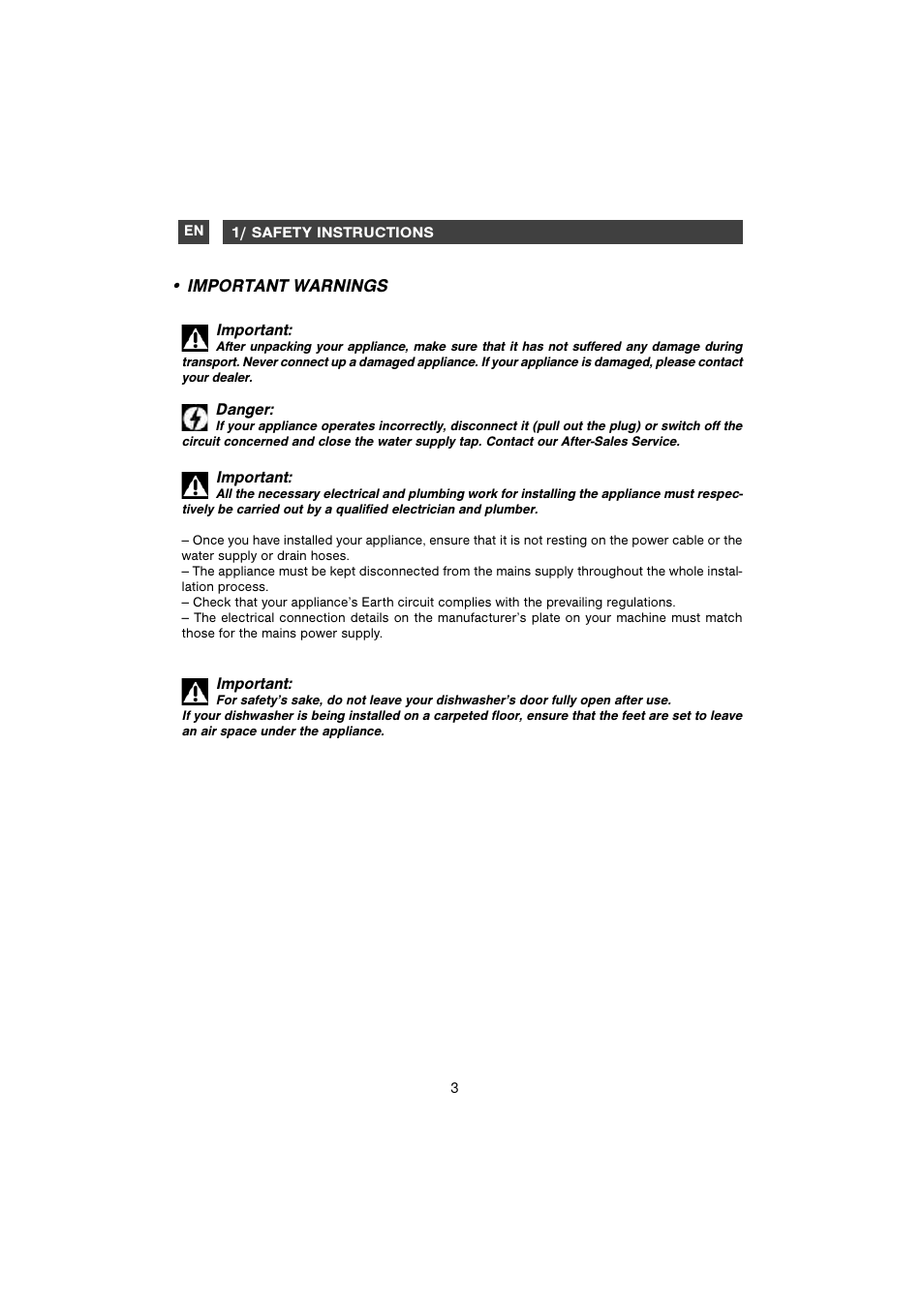 Important warnings | DE DIETRICH DVH1150 User Manual | Page 3 / 12