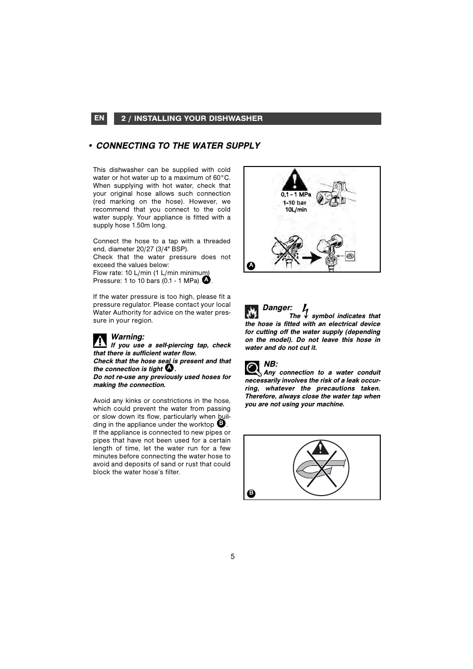 Connecting to the water supply | DE DIETRICH DVH1150 User Manual | Page 5 / 12