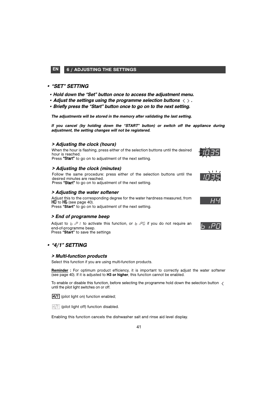 Set” setting, 4/1” setting | DE DIETRICH DVH1150 User Manual | Page 10 / 33