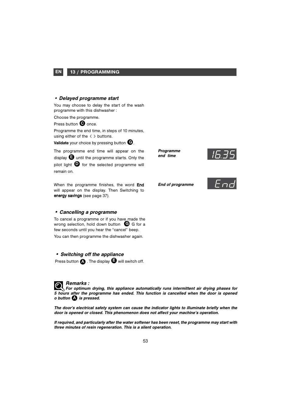 Delayed programme start, Cancelling a programme, Remarks | Switching off the appliance | DE DIETRICH DVH1150 User Manual | Page 22 / 33