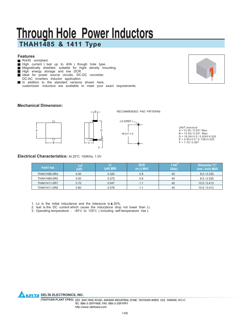 Delta Electronics Through Hole Power Inductors THAH1485 User Manual | 1 page