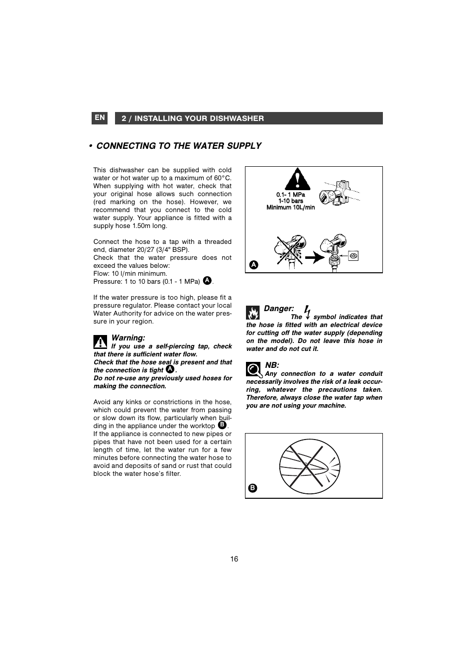 Connecting to the water supply, Danger, Warning | DE DIETRICH DVH610 User Manual | Page 4 / 11