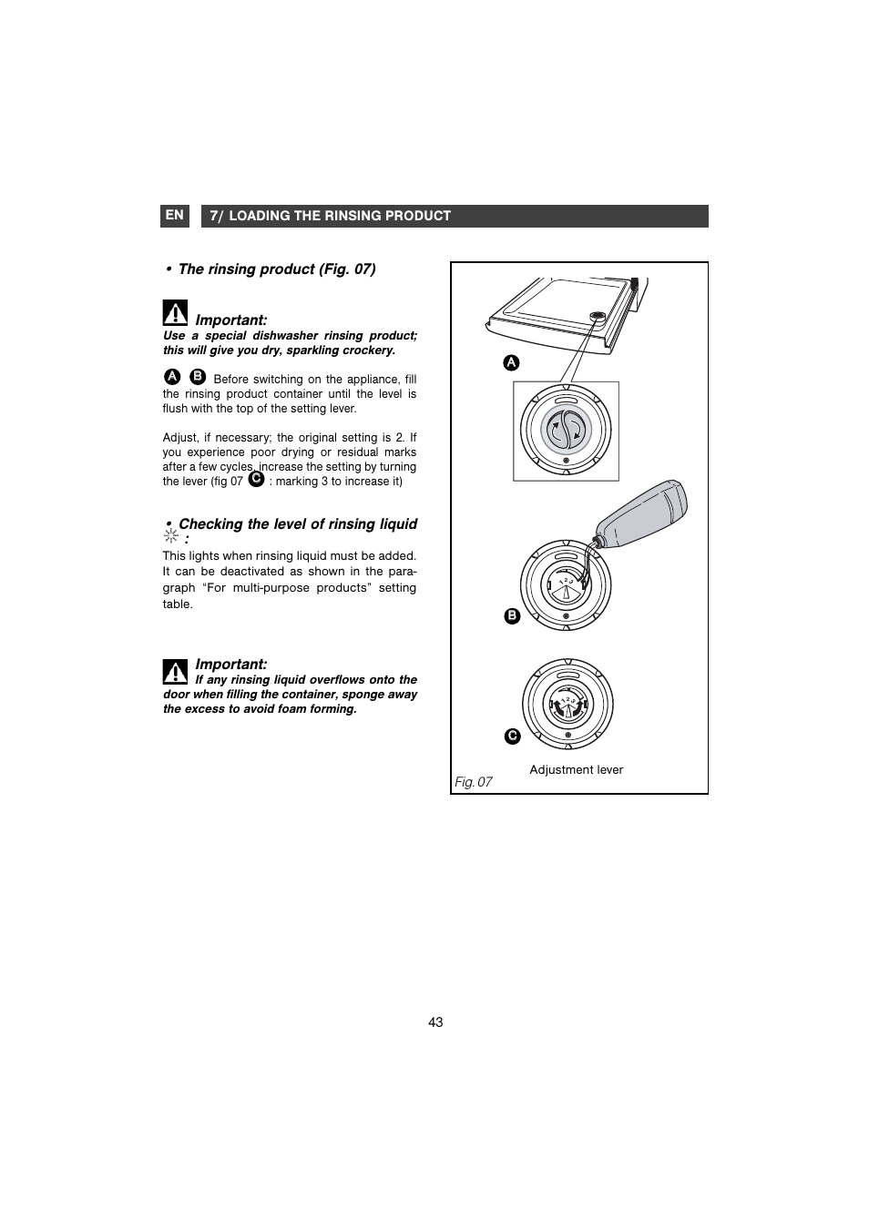 The rinsing product (fig. 07) important, Checking the level of rinsing liquid, Important | DE DIETRICH DVC829WE1/XE1 User Manual | Page 13 / 34