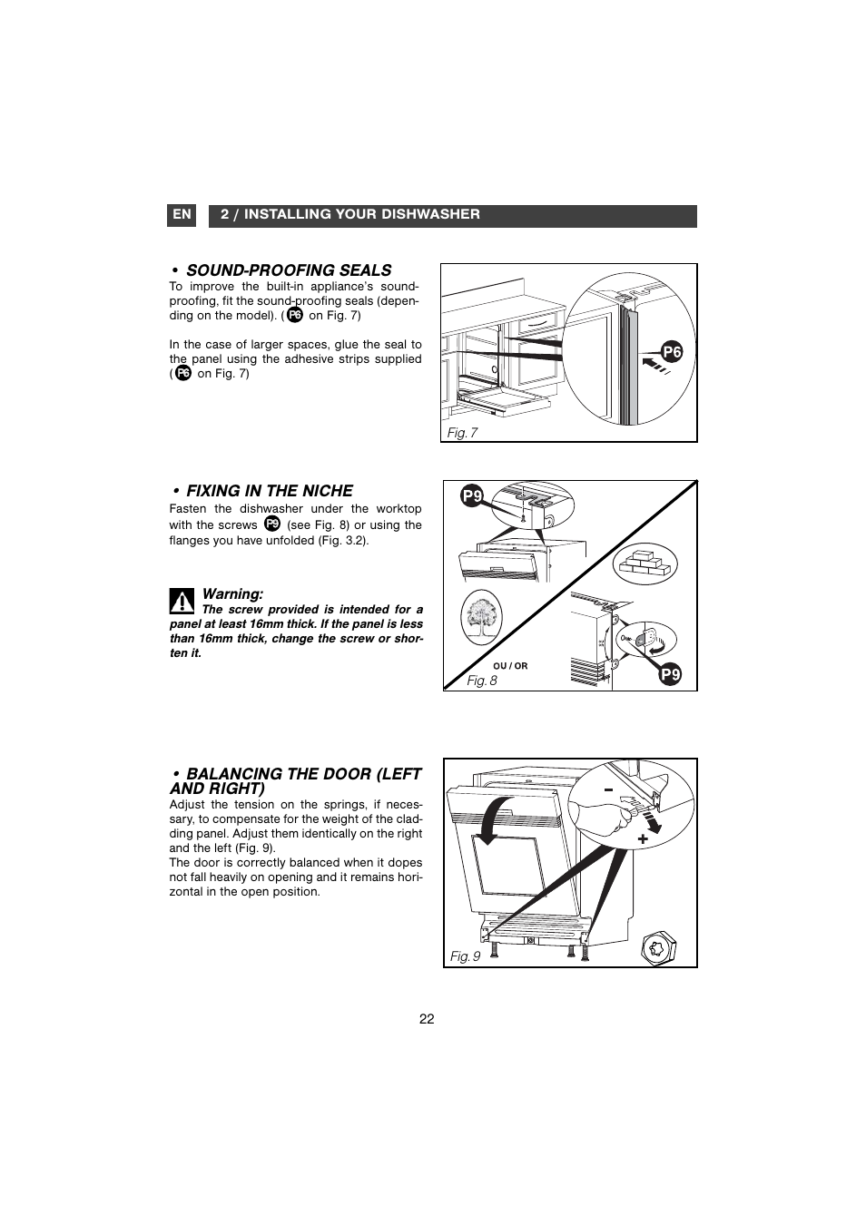 Balancing the door (left and right), Fixing in the niche, Sound-proofing seals | DE DIETRICH DVH710 User Manual | Page 10 / 11