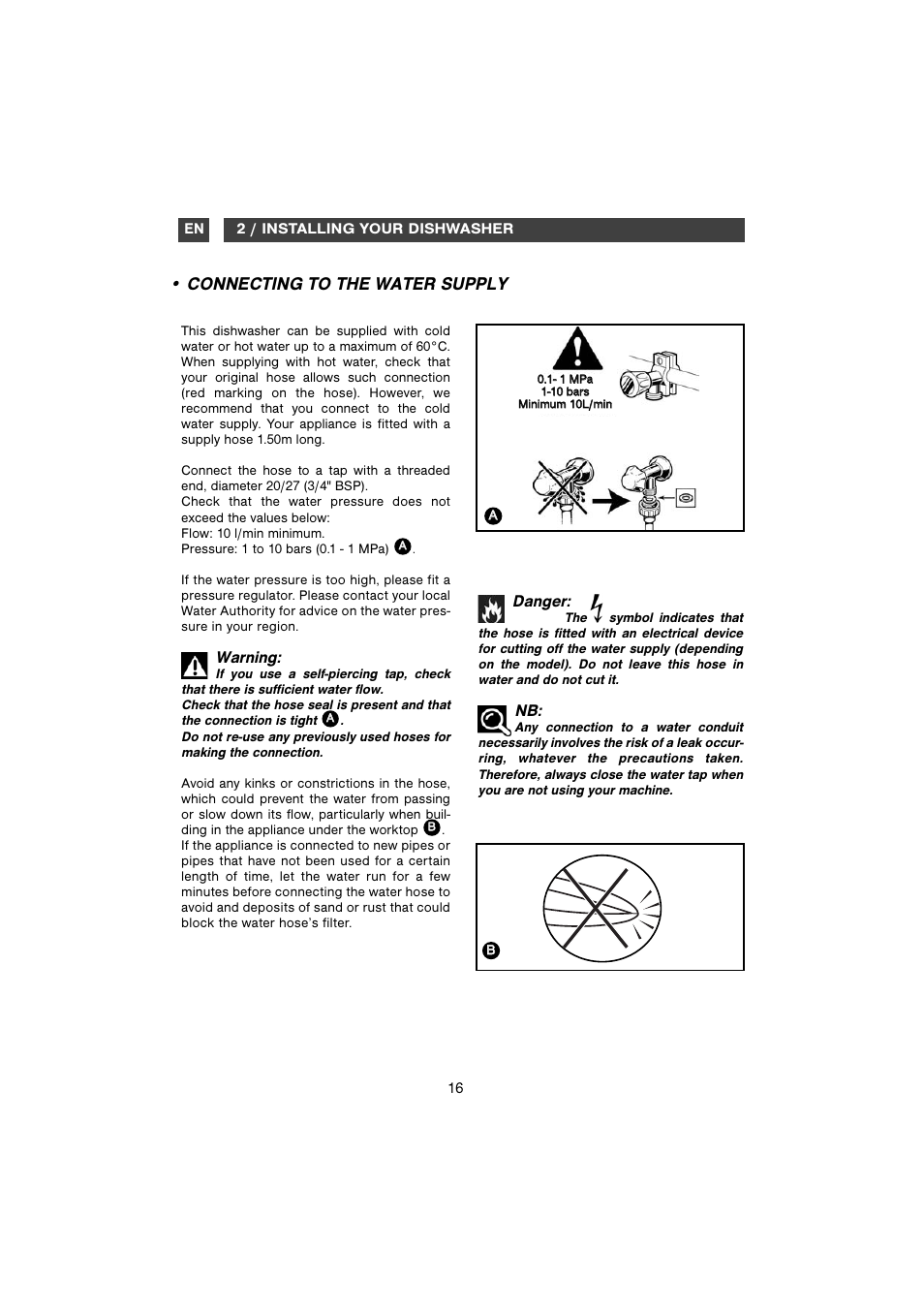 Connecting to the water supply, Danger, Warning | DE DIETRICH DVH710 User Manual | Page 4 / 11