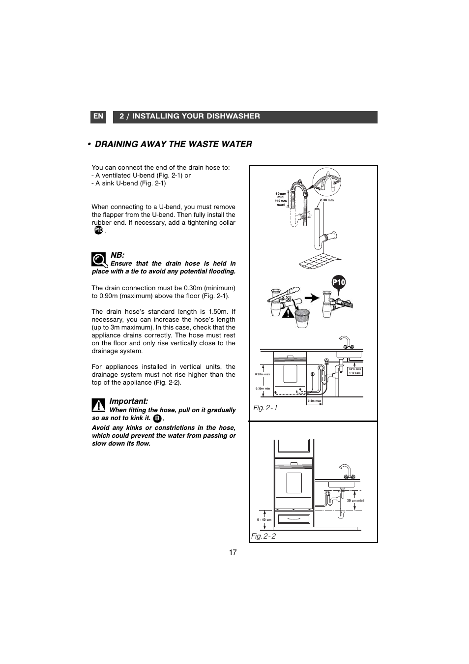 Draining away the waste water, Important | DE DIETRICH DVH710 User Manual | Page 5 / 11
