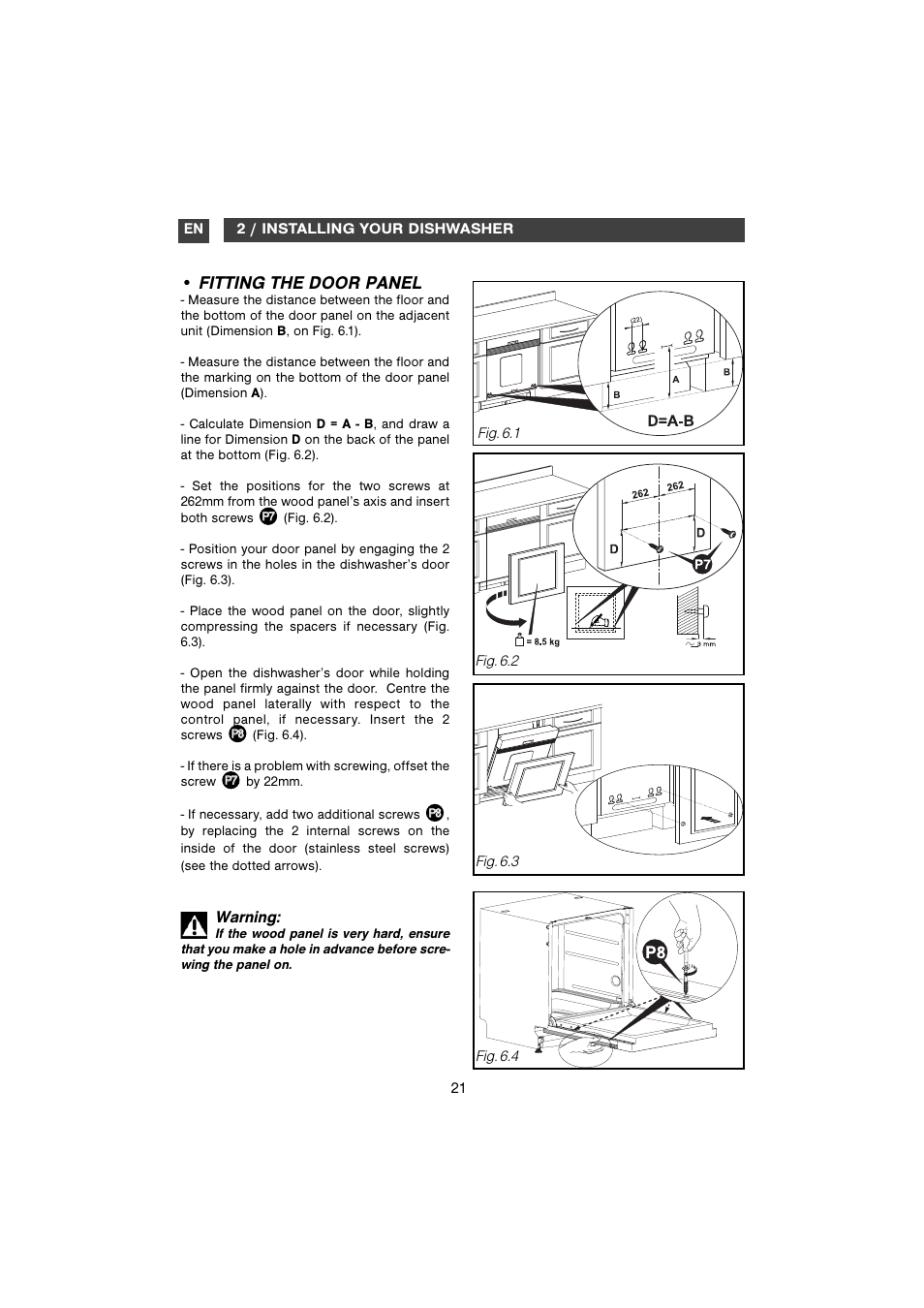 Fitting the door panel, Warning | DE DIETRICH DVH710 User Manual | Page 9 / 11
