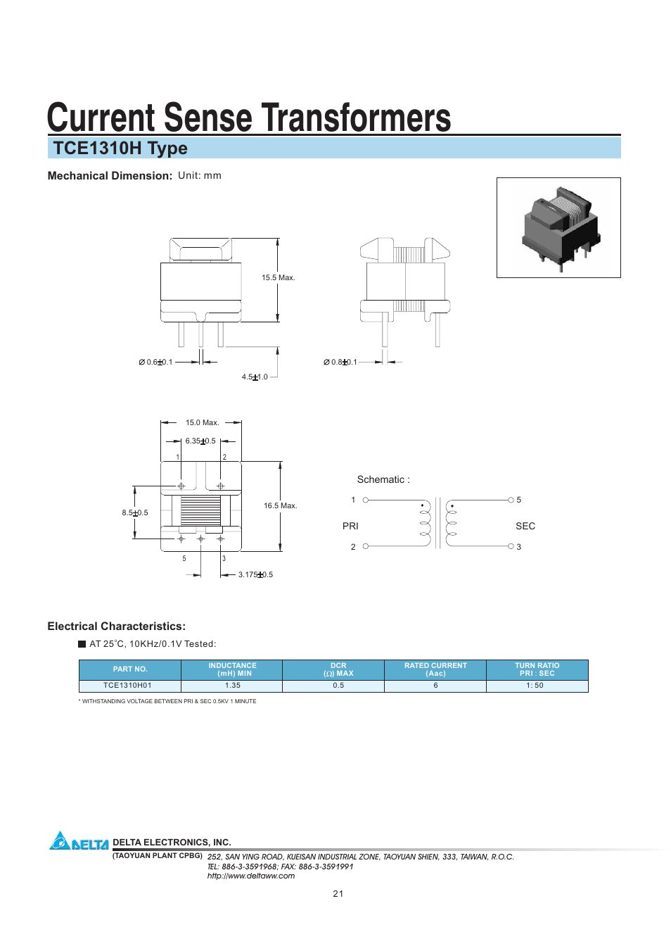 Delta Electronics Current Sense Transformers TCE1310H User Manual | 1 page