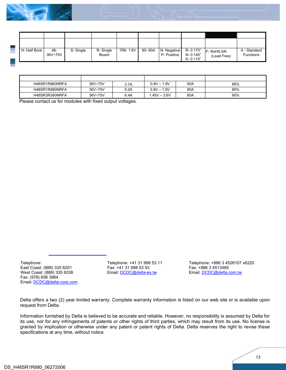 Part numbering system, Model list | Delta Electronics H48SR User Manual | Page 13 / 13