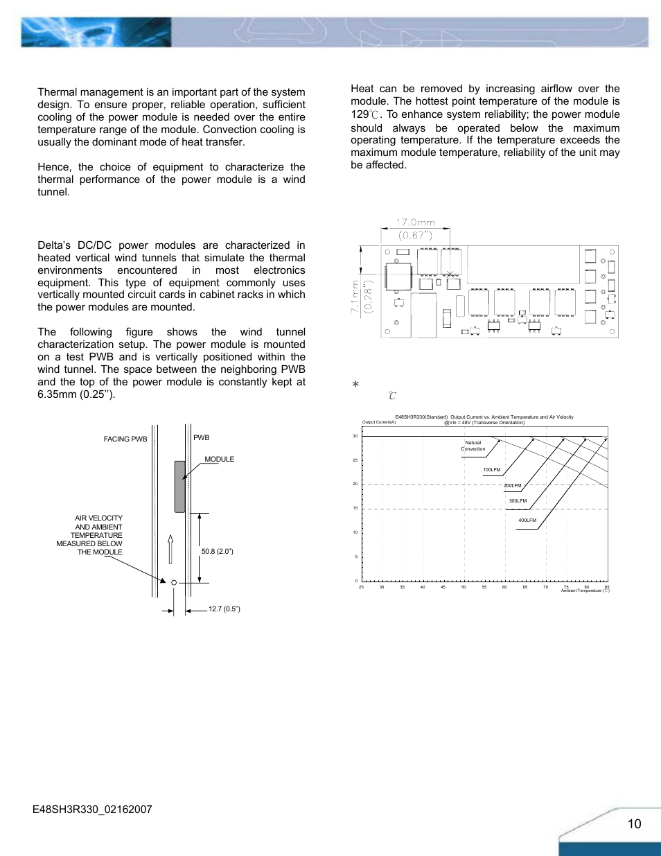 Thermal considerations, Thermal curves, Thermal testing setup | Thermal derating, Figure 20: wind tunnel test setup, 48v (transverse orientation) | Delta Electronics Series E48SH User Manual | Page 10 / 15