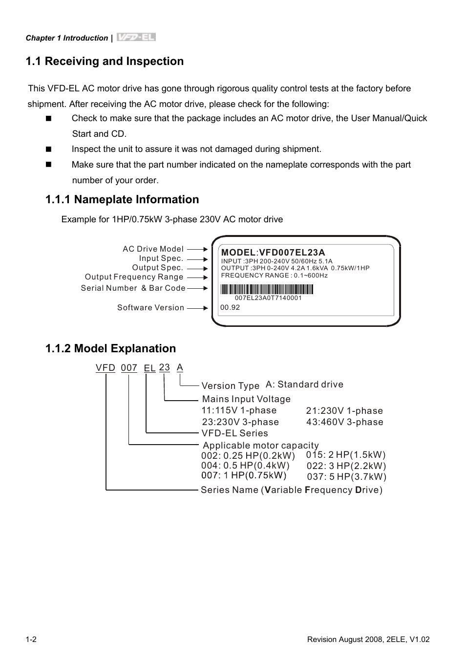 1 receiving and inspection, 1 nameplate information, 2 model explanation | 1 receiving and inspection -2, 1 nameplate information -2, 2 model explanation -2 | Delta Electronics AC Motor Drive VFD-EL User Manual | Page 13 / 209