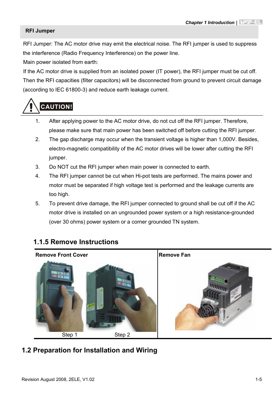 5 remove instructions, 2 preparation for installation and wiring, 5 remove instructions -5 | 2 preparation for installation and wiring -5 | Delta Electronics AC Motor Drive VFD-EL User Manual | Page 16 / 209