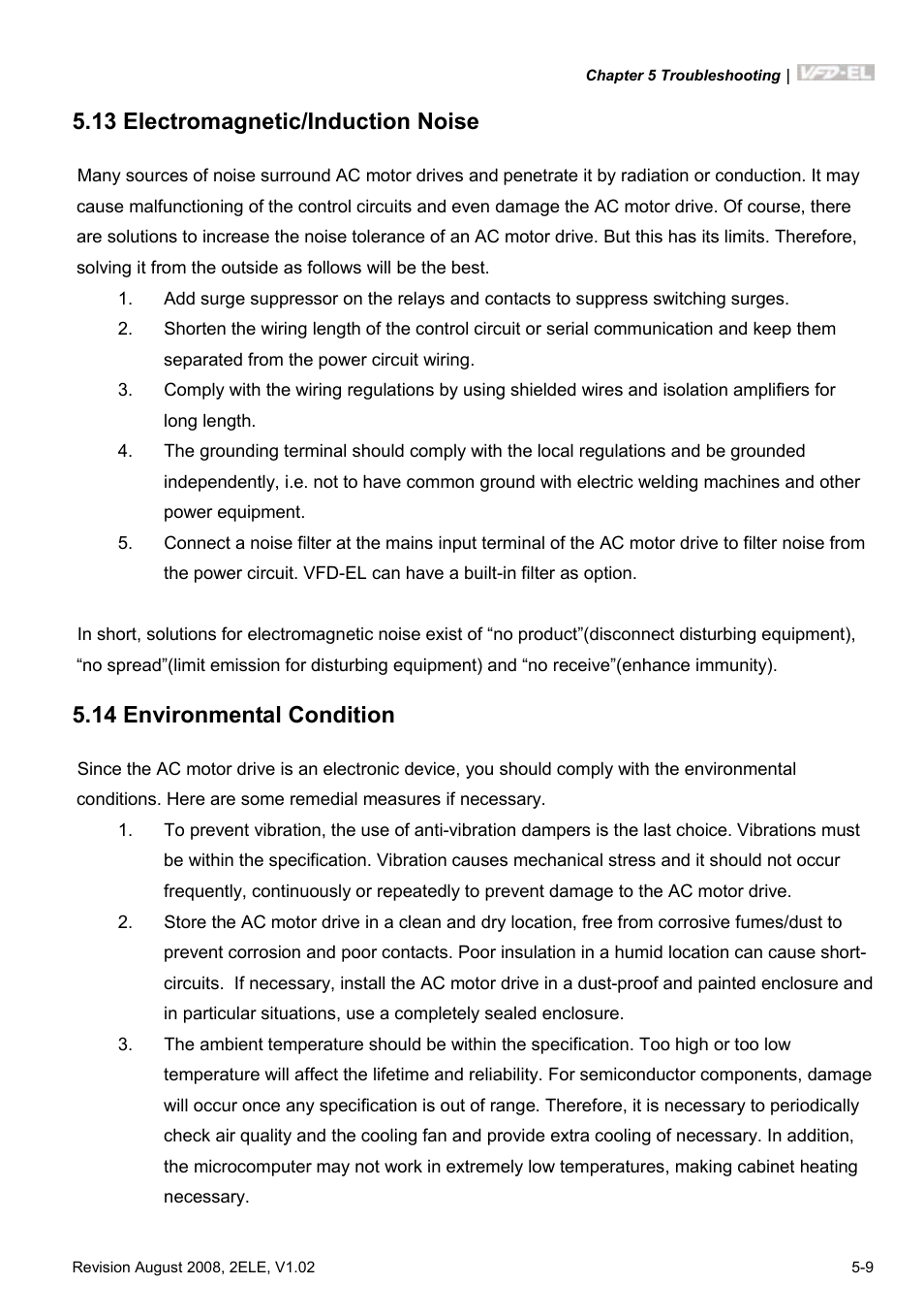 13 electromagnetic/induction noise, 14 environmental condition | Delta Electronics AC Motor Drive VFD-EL User Manual | Page 160 / 209