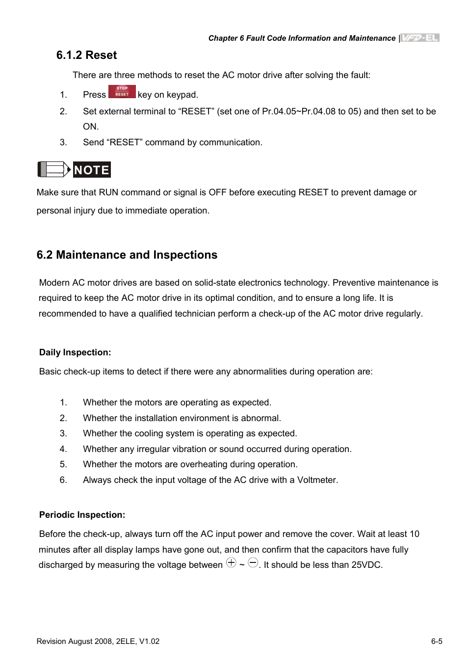2 reset, 2 maintenance and inspections | Delta Electronics AC Motor Drive VFD-EL User Manual | Page 166 / 209