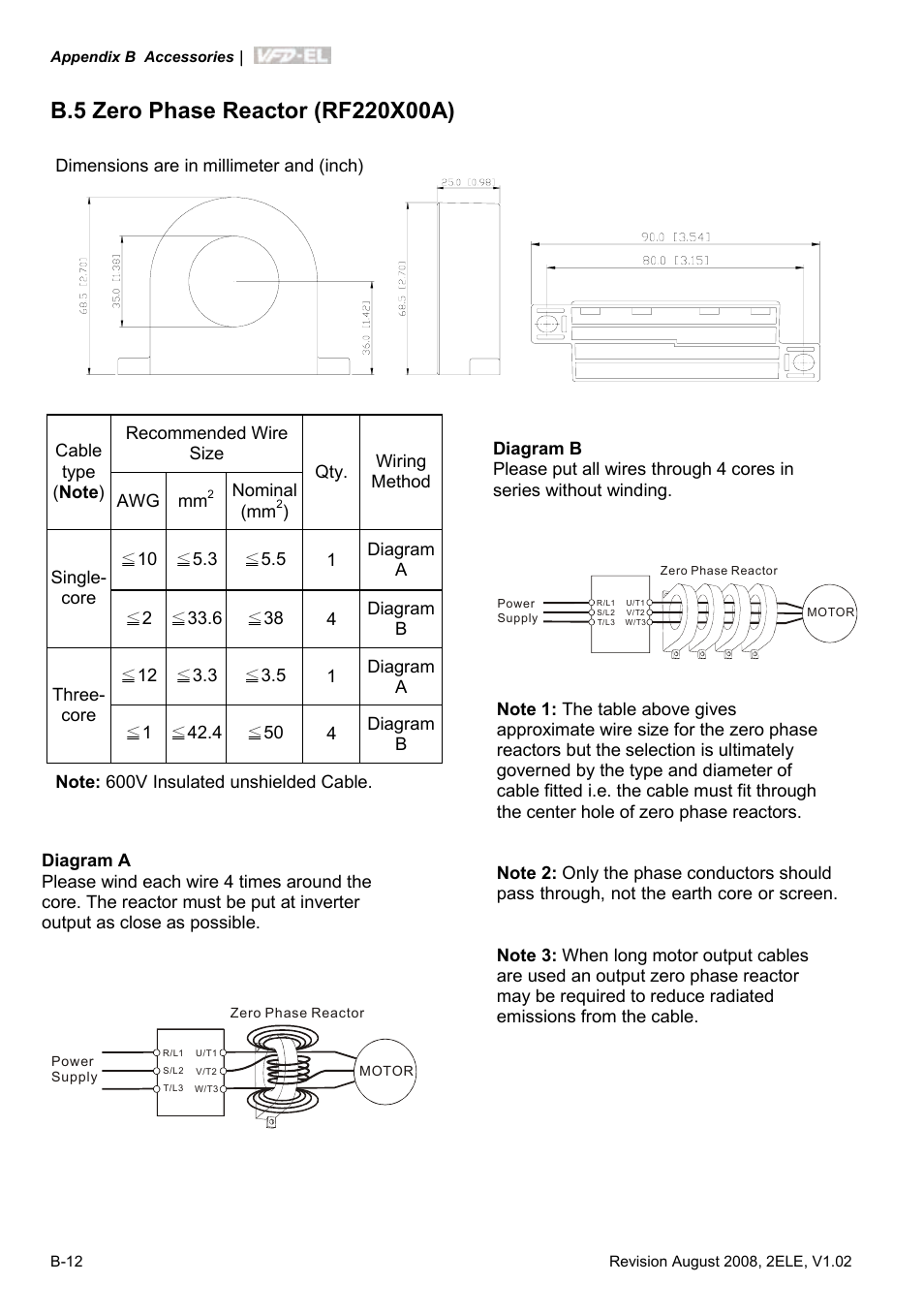 B.5 zero phase reactor (rf220x00a) | Delta Electronics AC Motor Drive VFD-EL User Manual | Page 187 / 209