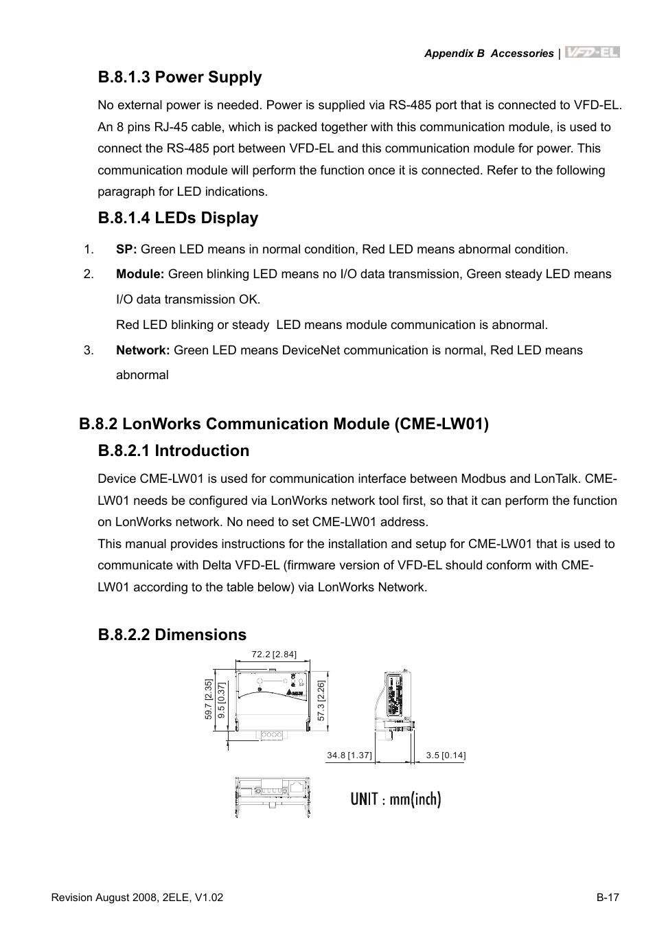 B.8.1.3 power supply, B.8.1.4 leds display, B.8.2 lonworks communication module (cme-lw01) | B.8.2.1 introduction, B.8.2.2 dimensions | Delta Electronics AC Motor Drive VFD-EL User Manual | Page 192 / 209