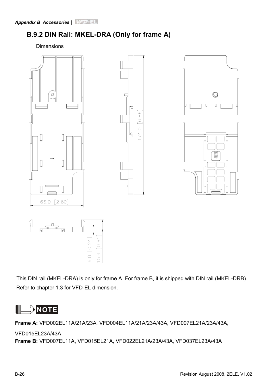 B.9.2 din rail: mkel-dra (only for frame a) | Delta Electronics AC Motor Drive VFD-EL User Manual | Page 201 / 209