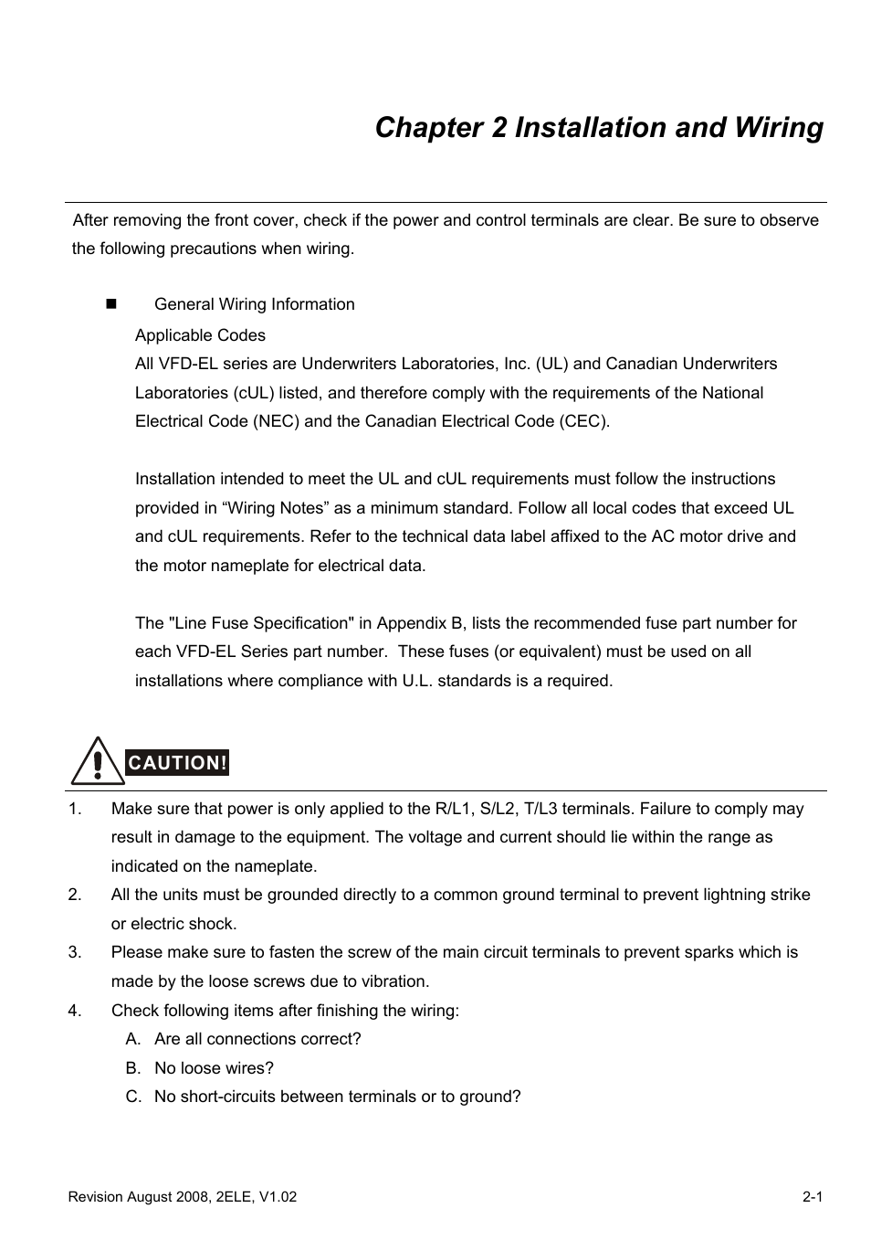 Chapter 2 installation and wiring, Chapter 2 installation and wiring -1 | Delta Electronics AC Motor Drive VFD-EL User Manual | Page 22 / 209