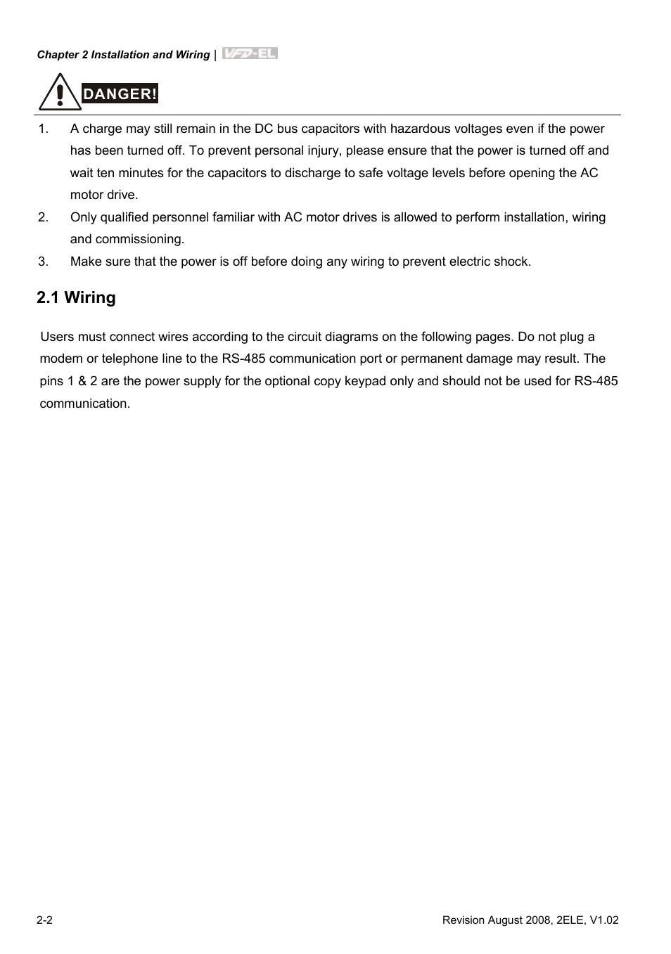1 wiring, 1 wiring -2 | Delta Electronics AC Motor Drive VFD-EL User Manual | Page 23 / 209