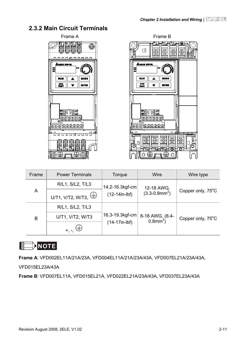 2 main circuit terminals, 2 main circuit terminals -11 | Delta Electronics AC Motor Drive VFD-EL User Manual | Page 32 / 209