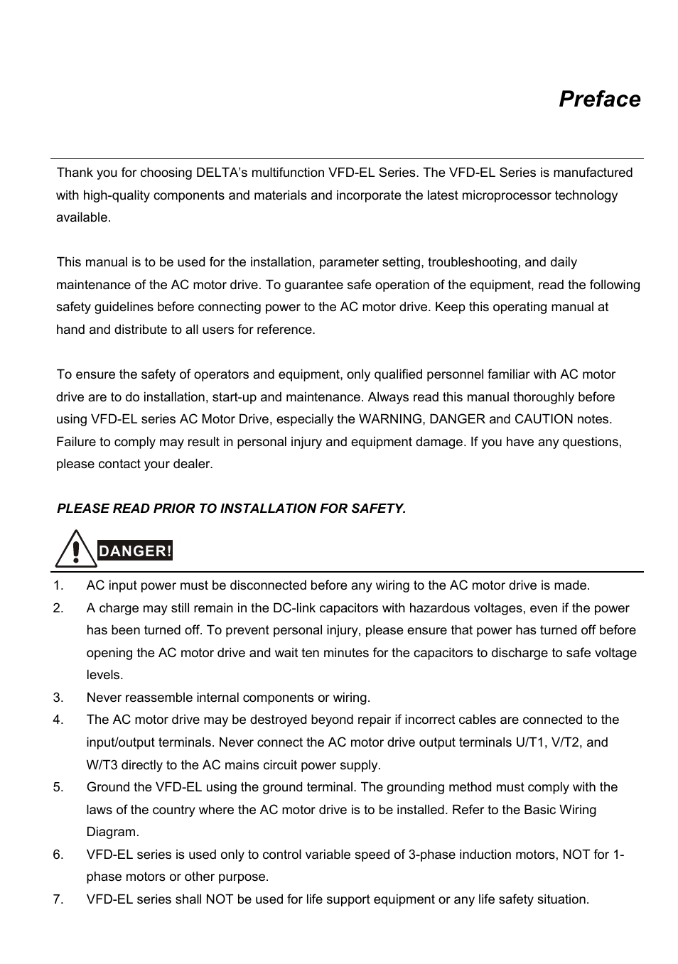 Preface | Delta Electronics AC Motor Drive VFD-EL User Manual | Page 4 / 209