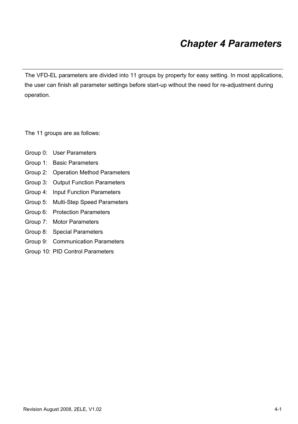 Chapter 4 parameters | Delta Electronics AC Motor Drive VFD-EL User Manual | Page 44 / 209