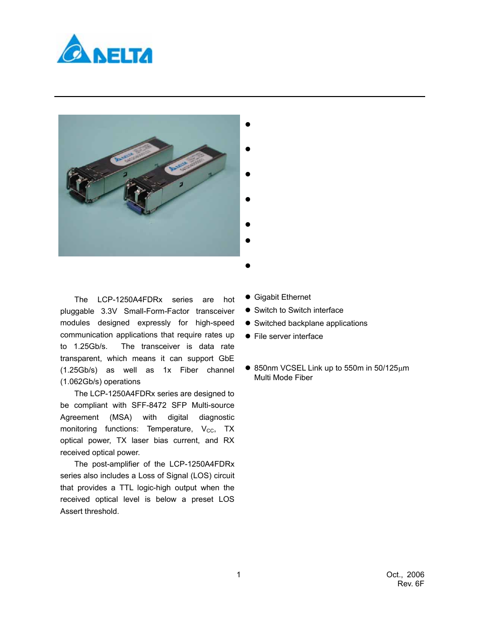 Delta Electronics Multimode SFP Transceiver LCP-1250A4FDRx User Manual | 14 pages