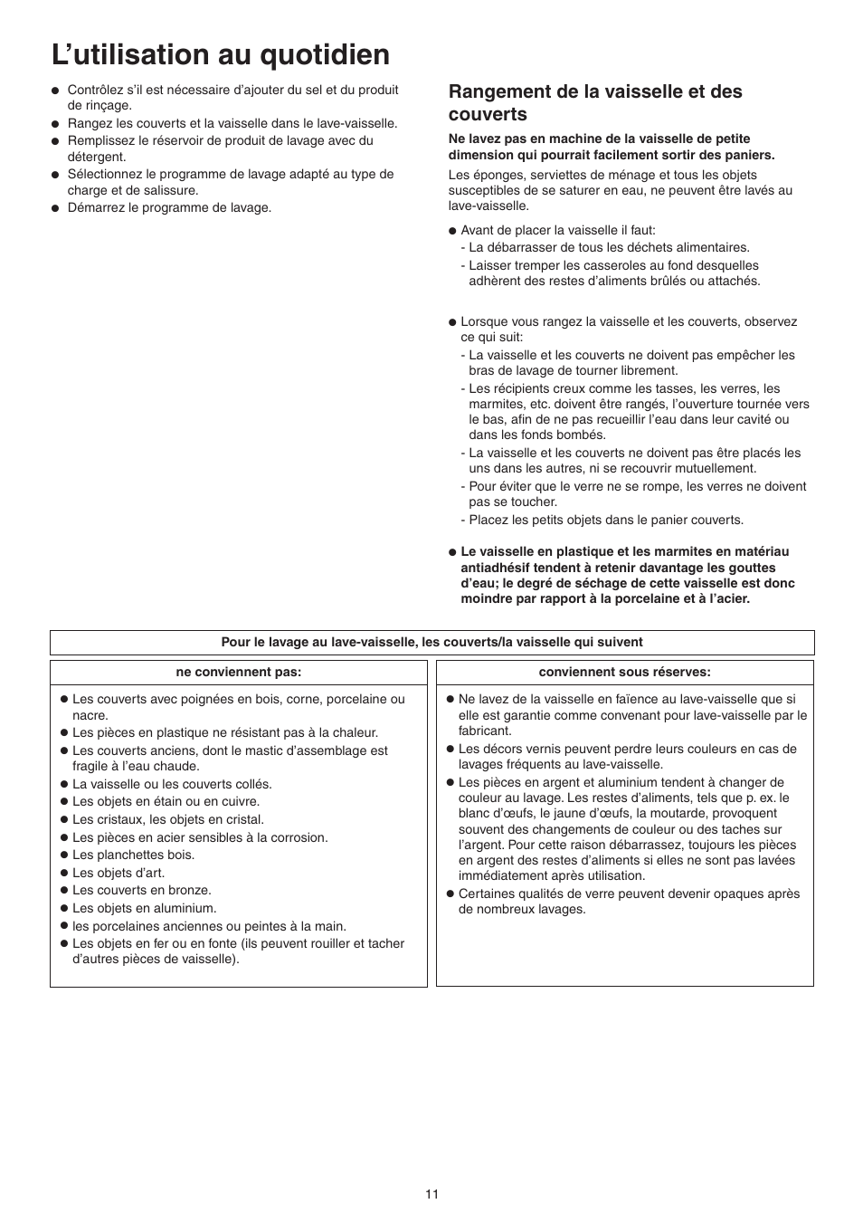 L’utilisation au quotidien, Rangement de la vaisselle et des couverts | DE DIETRICH DVY430 User Manual | Page 11 / 60