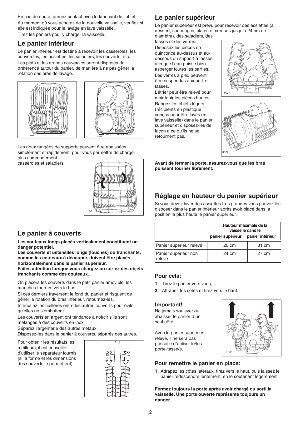 Le panier inférieur, Le panier à couverts, Le panier supérieur | Réglage en hauteur du panier supérieur | DE DIETRICH DVY430 User Manual | Page 12 / 60