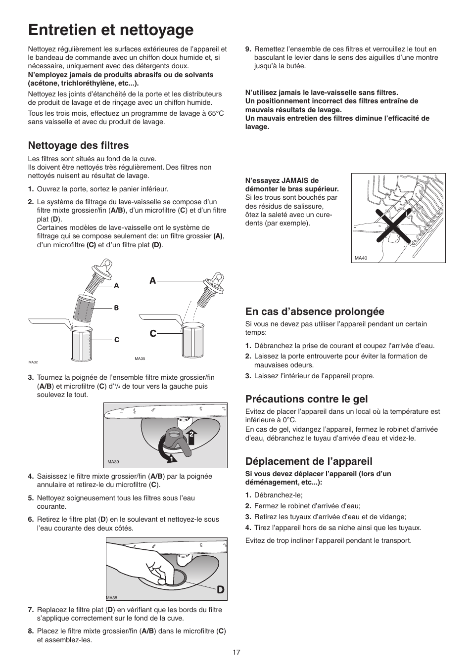 Entretien et nettoyage, Nettoyage des filtres, En cas d’absence prolongée | Précautions contre le gel, Déplacement de l’appareil | DE DIETRICH DVY430 User Manual | Page 17 / 60