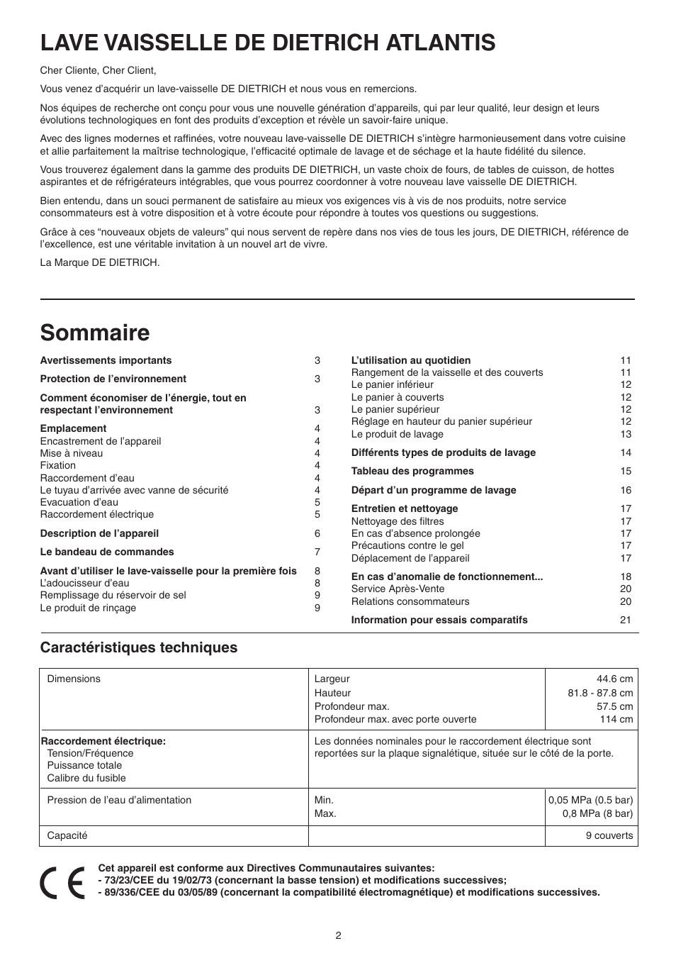 Sommaire, Lave vaisselle de dietrich atlantis, Caractéristiques techniques | DE DIETRICH DVY430 User Manual | Page 2 / 60