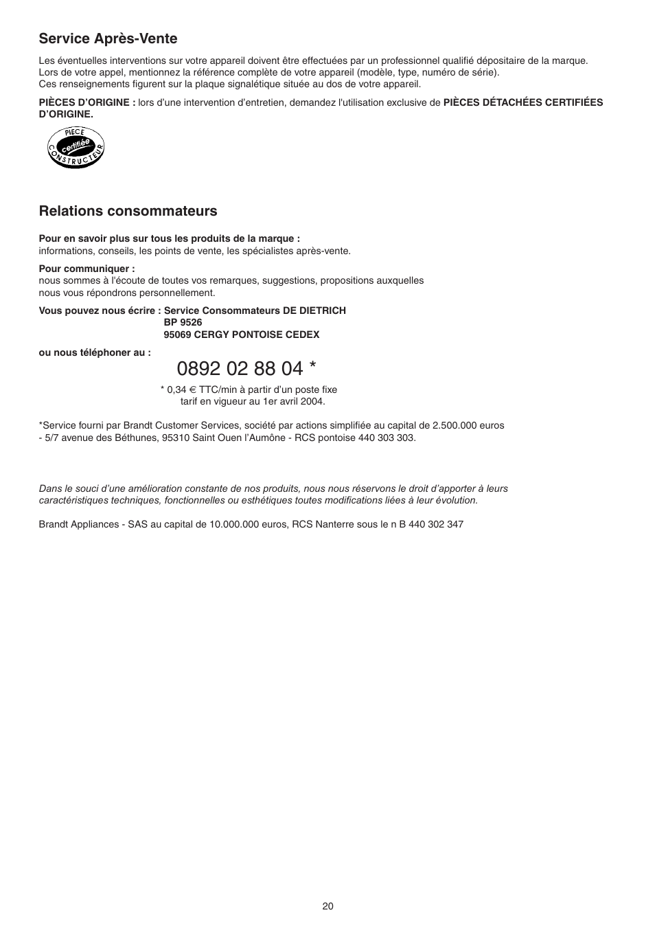 Service après-vente, Relations consommateurs | DE DIETRICH DVY430 User Manual | Page 20 / 60