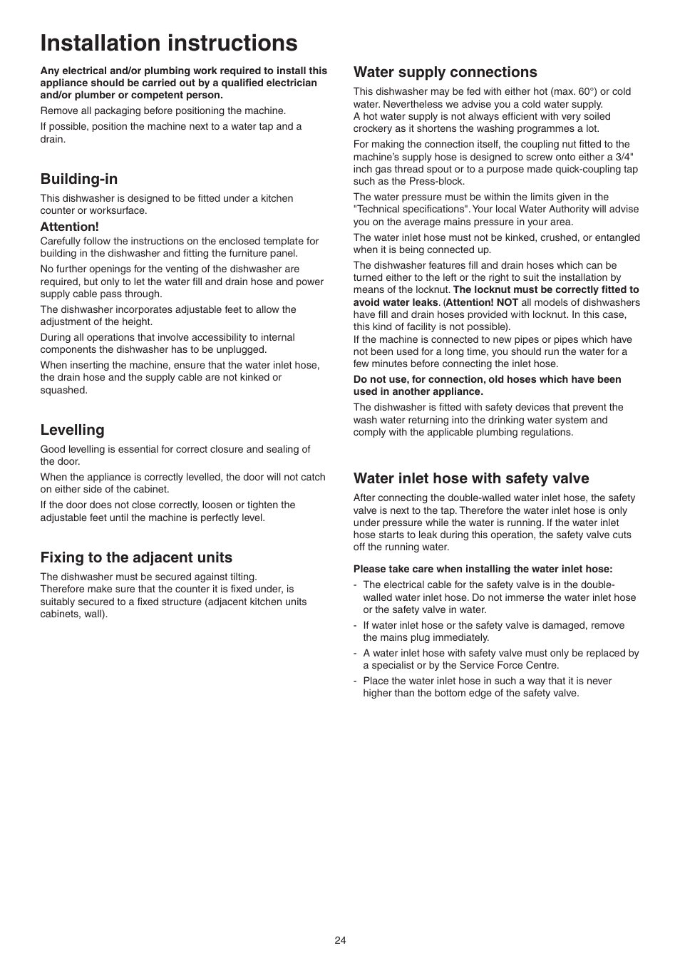 Installation instructions, Building-in, Levelling | Fixing to the adjacent units, Water supply connections, Water inlet hose with safety valve | DE DIETRICH DVY430 User Manual | Page 24 / 60