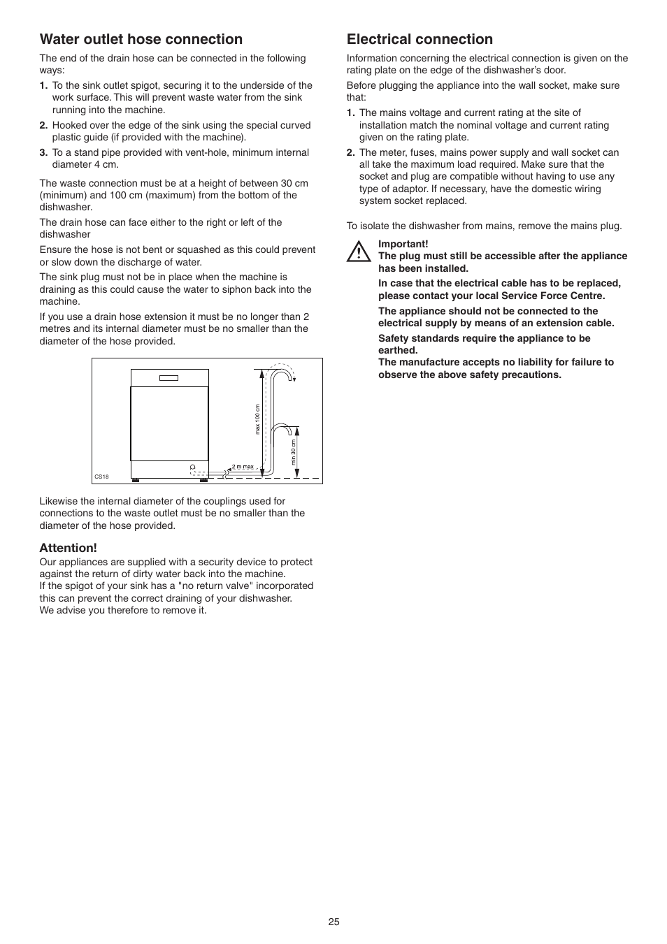 Water outlet hose connection, Electrical connection | DE DIETRICH DVY430 User Manual | Page 25 / 60