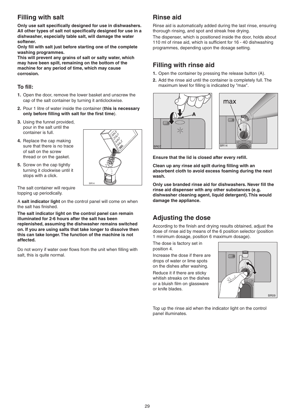 Filling with salt, Rinse aid, Filling with rinse aid | Adjusting the dose | DE DIETRICH DVY430 User Manual | Page 29 / 60