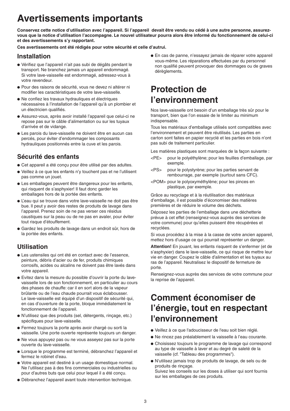 Avertissements importants, Protection de l’environnement, Installation | Sécurité des enfants, Utilisation | DE DIETRICH DVY430 User Manual | Page 3 / 60